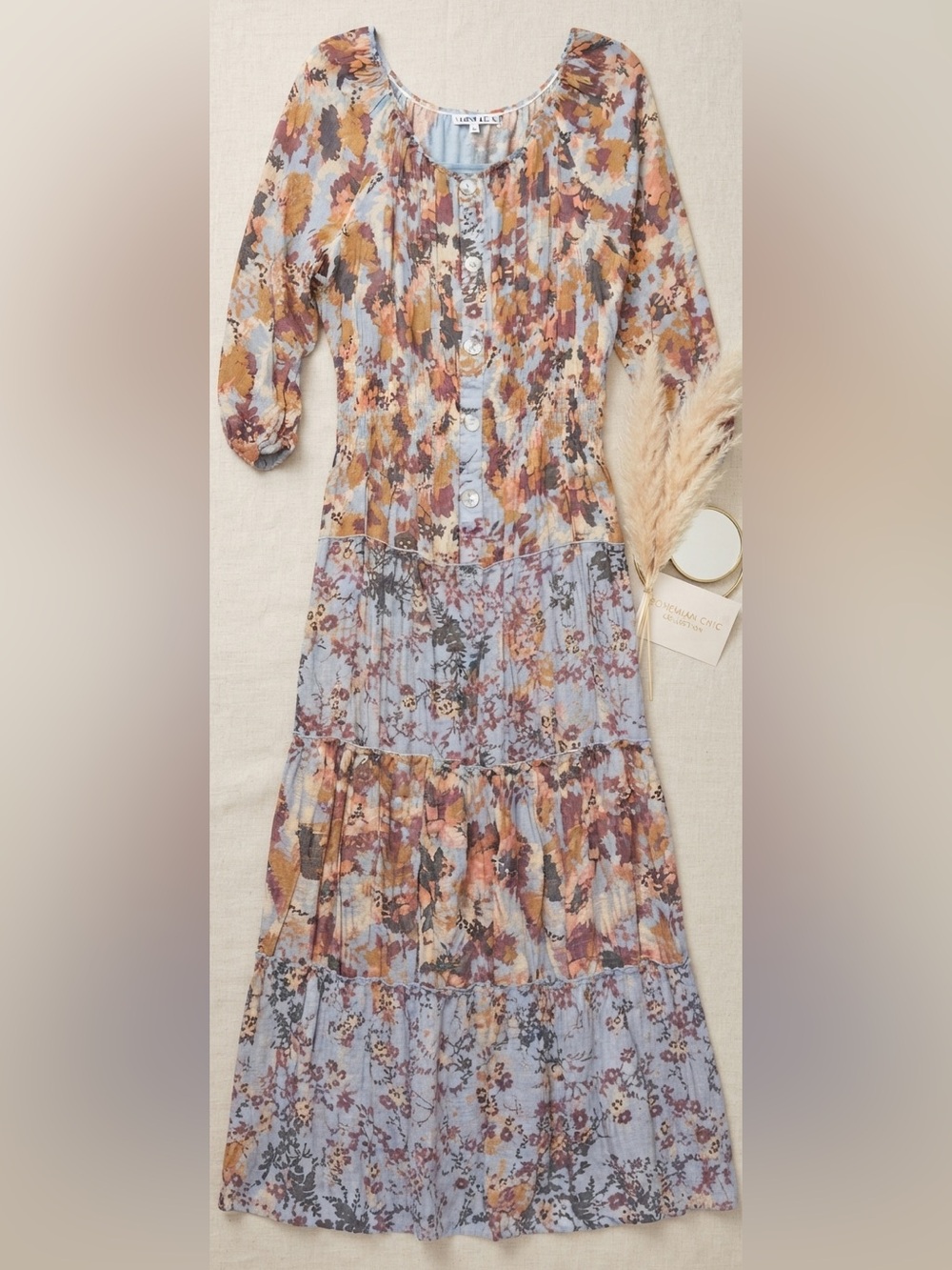 Light Blue Floral Tiered Maxi Dress with Button-Front